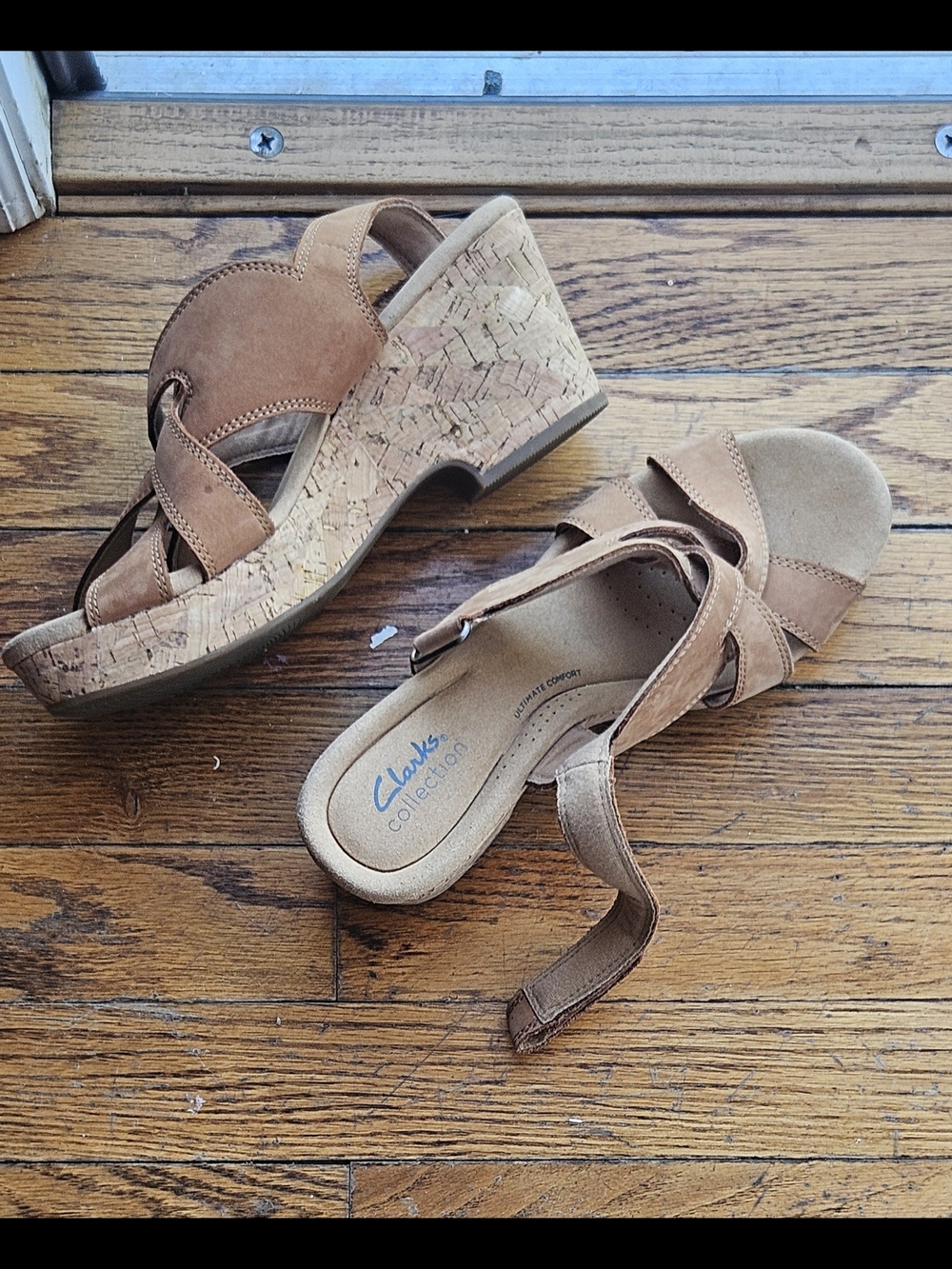 Clarks Tan Cork Wedge Sandals with Suede Velcro Straps